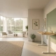 Leeg modern kantoor met ergonomisch zit-sta bureau, akoestisch paneel, eiken houttinten en salie groene accenten in warm natuurlijk licht.