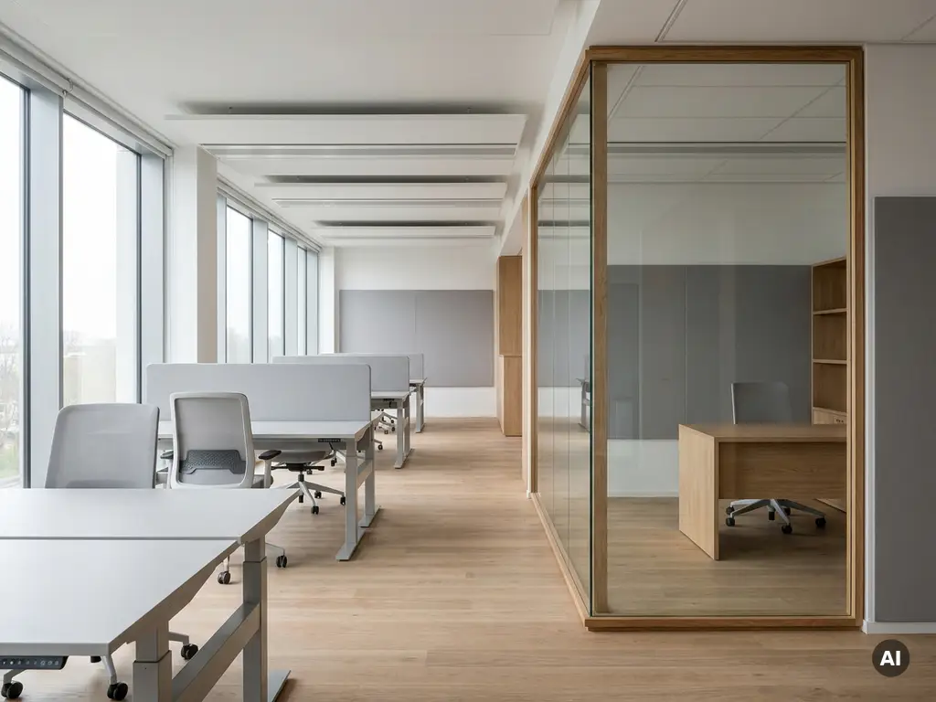 Moderne Nederlandse kantoorruimte met glazen scheidingswand, ergonomische zit-sta bureaus en warme eiken accenten in natuurlijk daglicht.