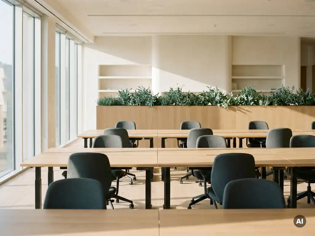 Moderne open kantoorruimte met verstelbare eiken bureaus, ergonomische stoelen en grote ramen die zacht ochtendlicht binnenlaten.