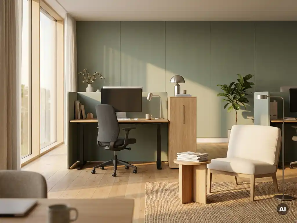 Modern open-plan kantoor met zit-stabureau, loungehoek en vloer-tot-plafond ramen in salie groen en eikenhout tinten.