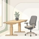 Ergonomische thuiswerkplek met zit-sta bureau, bureaustoel en kamerplant in warm natuurlijk licht.