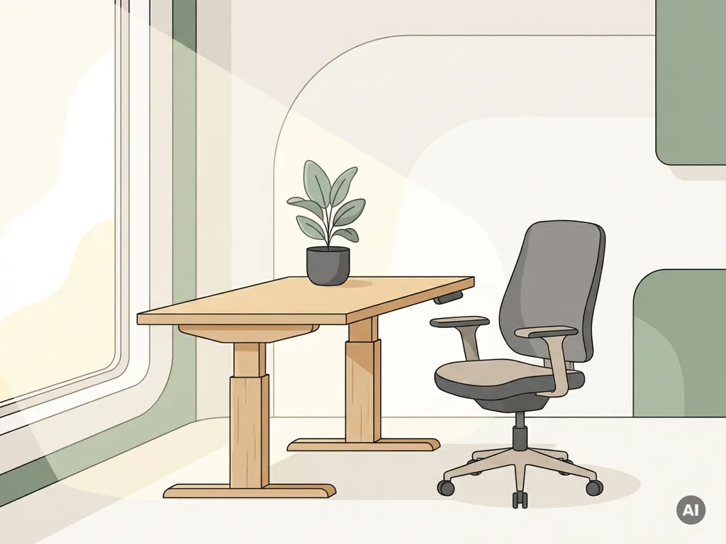 Ergonomische thuiswerkplek met zit-sta bureau, bureaustoel en kamerplant in warm natuurlijk licht.