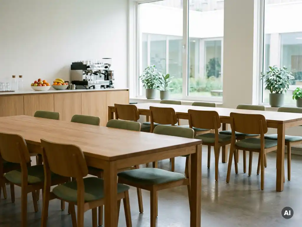 Moderne bedrijfskantine met houten tafels, stapelstoelen en een zelfbedieningsbalie met koffiemachine, verlicht door groot daglicht.