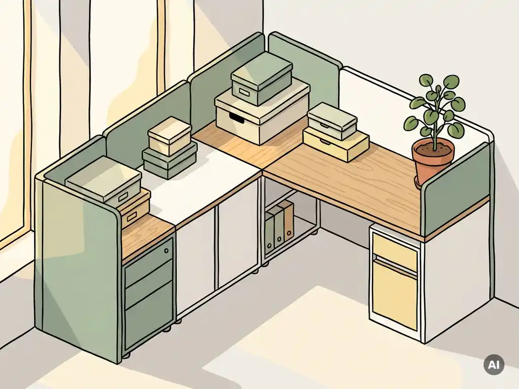 Modulair L-vormig bureau met saliegroen opbergmeubel, lichte eiken accenten en kamerplant in zonnige Nederlandse kantoorhoek.