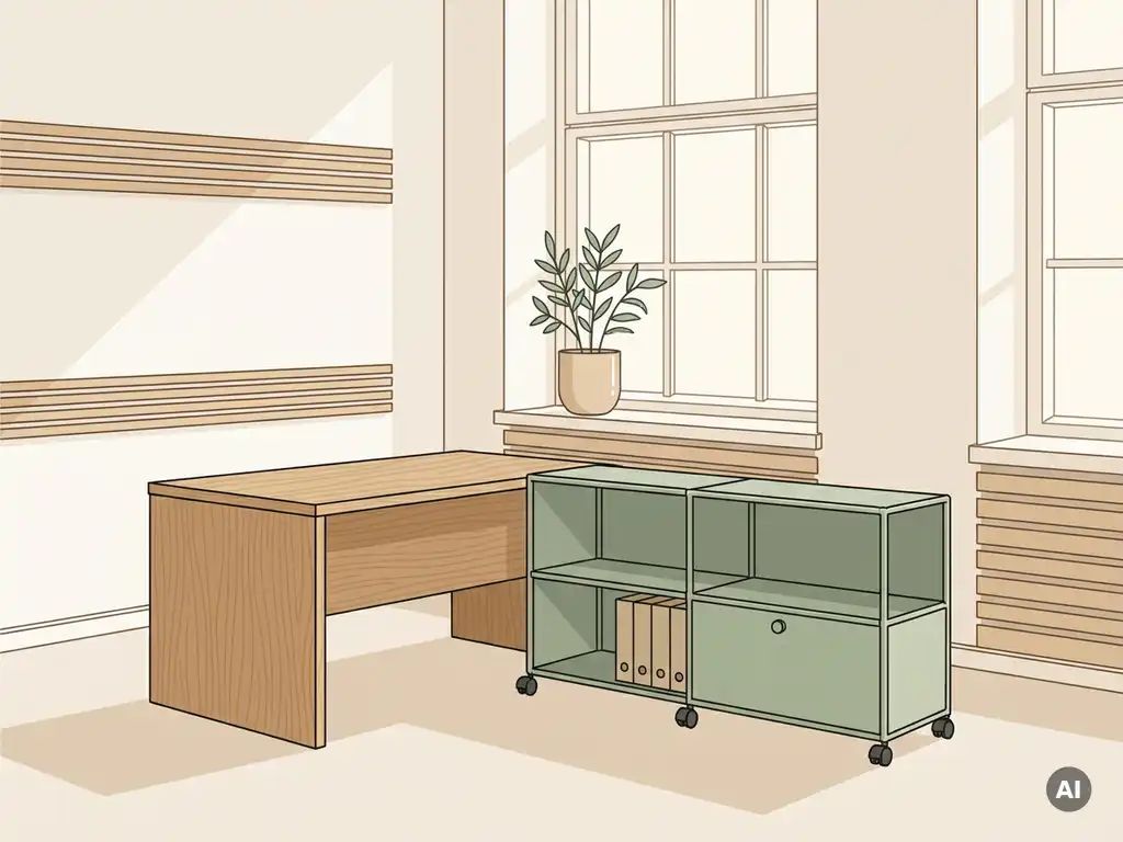 Opgeruimde Nederlandse kantoorhoek met houten bureau, verrijdbaar modulair werkstation en groot raam met kamerplant.