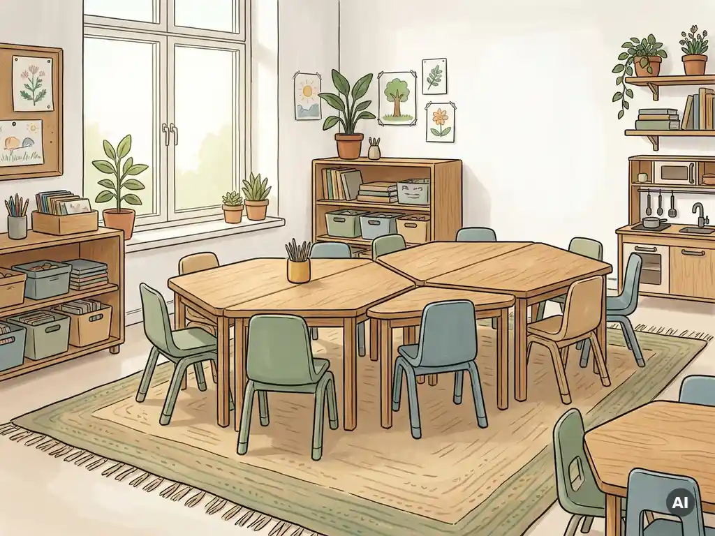 Lichte Nederlandse klashoek met hexagonale tafels en pastelkleurige stapelstoelen bij een raam dat zacht daglicht verspreidt.