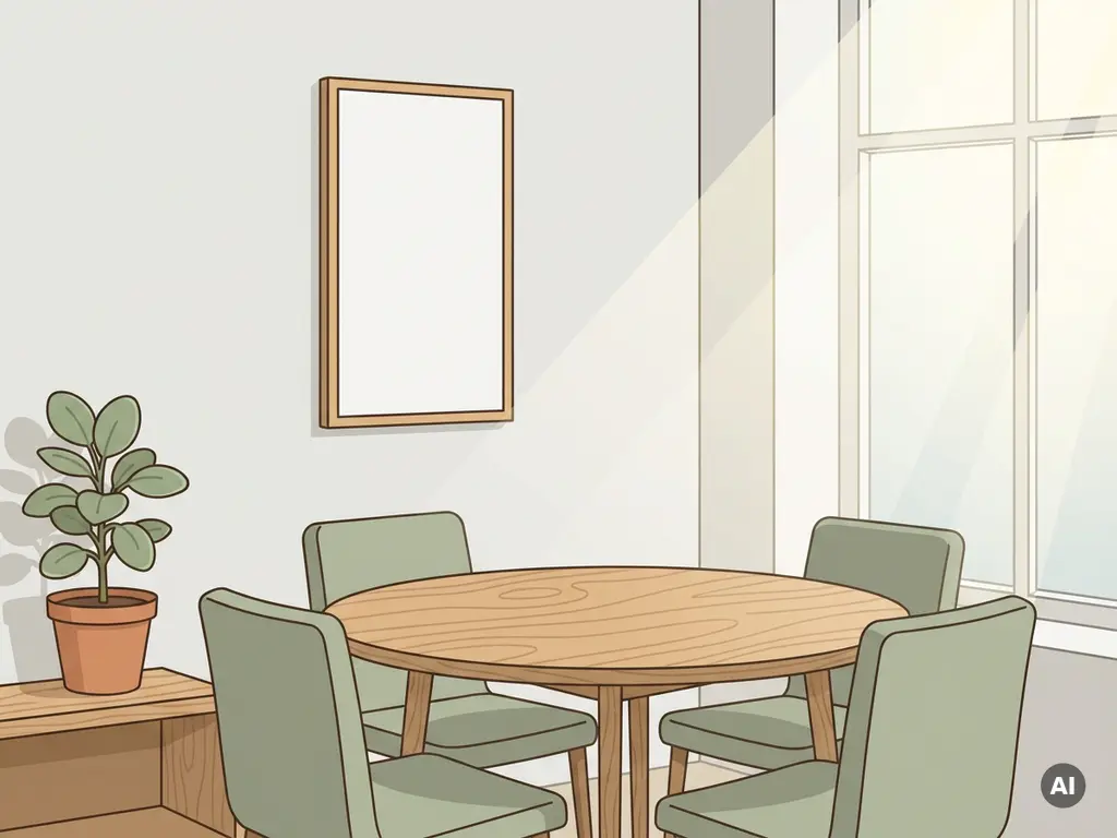 Vergaderkamer met ronde lichte houten tafel, gestoffeerde stoelen, whiteboard en potplant in warm daglicht.