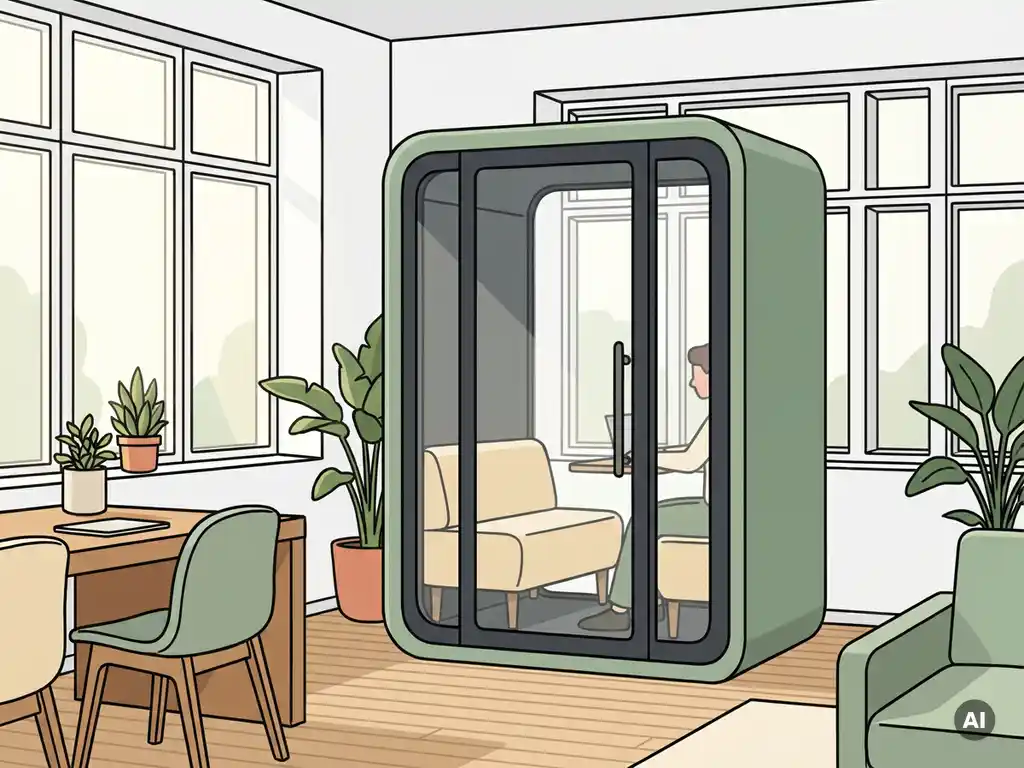Vrijstaande privacypod in telefooncel-stijl in een lichte Nederlandse kantoorhoek met eiken vloer en grote ramen.