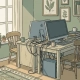 Rommelige Nederlandse kantoorhoek met niet-bijpassende stoelen, scheve monitor en verstrengelde kabels op een licht houten bureau bij een groot raam.