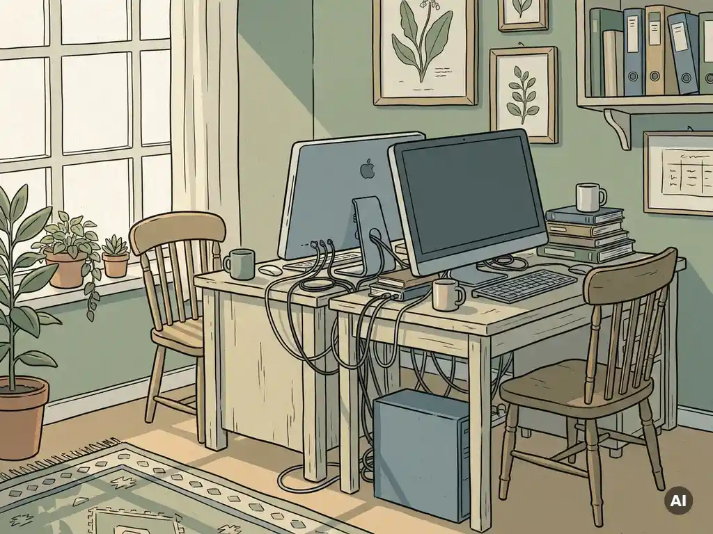 Rommelige Nederlandse kantoorhoek met niet-bijpassende stoelen, scheve monitor en verstrengelde kabels op een licht houten bureau bij een groot raam.