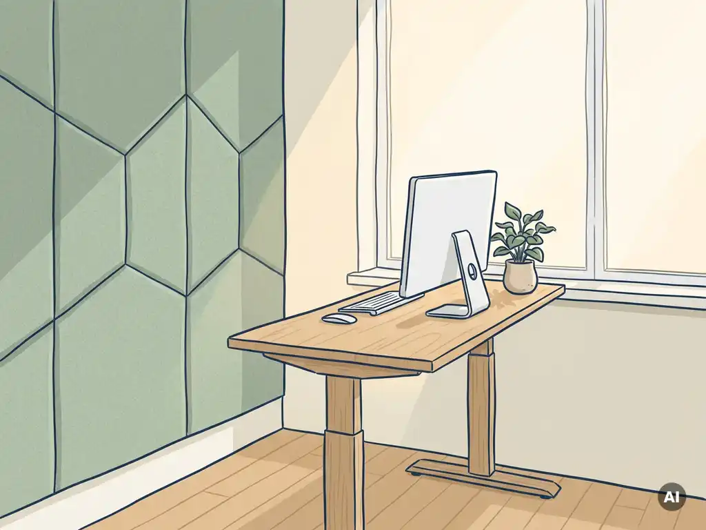 Leeg Nederlands kantoorhoekje met akoestische panelen in saliegroen, een zit-sta bureau en een kamerplant op een lichte eiken vloer.