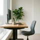 Hoogteversttelbaar zit-sta bureau met eikenhouten blad en grijze ergonomische bureaustoel bij raam met natuurlijk daglicht.