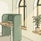 Ergonomisch zit-sta bureau in rustig Nederlands kantoor met akoestisch paneel, kamerplant en warm natuurlijk daglicht.