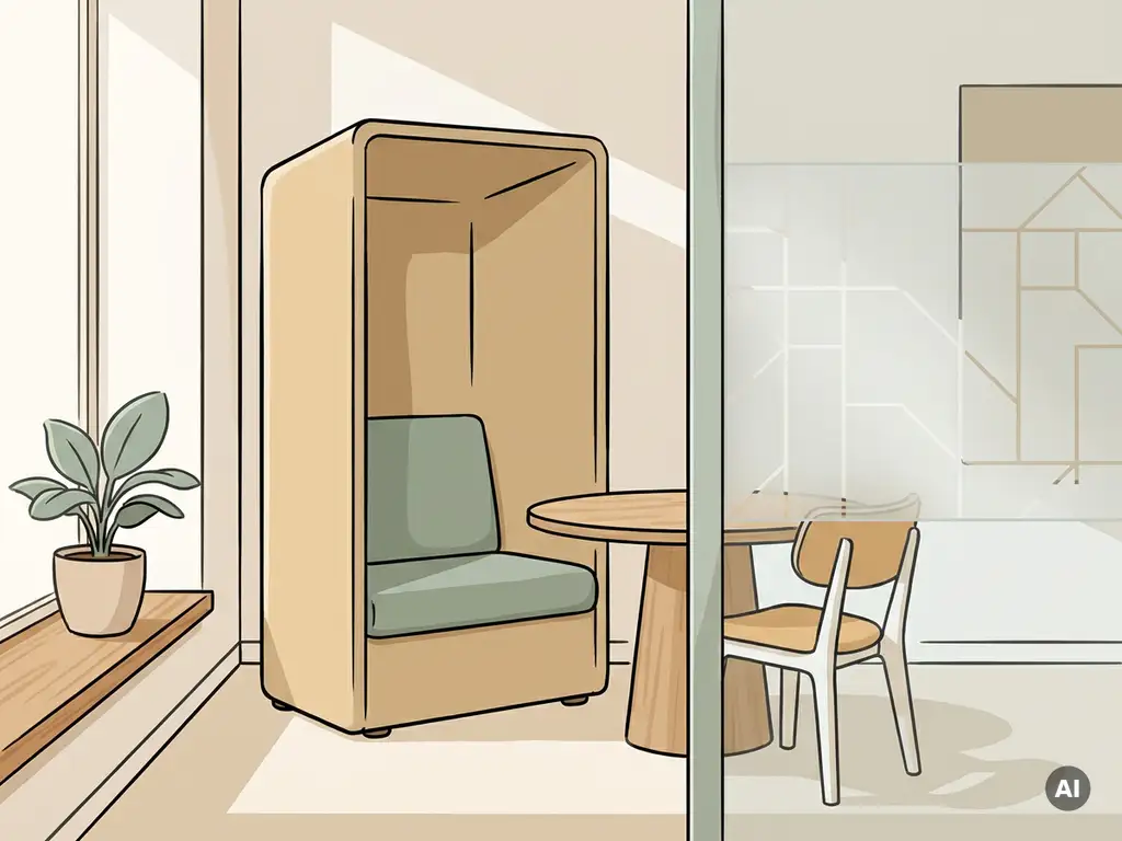 Akoestische werkpod naast houten bureau bij bevroren glaswand in rustig Nederlands kantoor met natuurlijk licht.