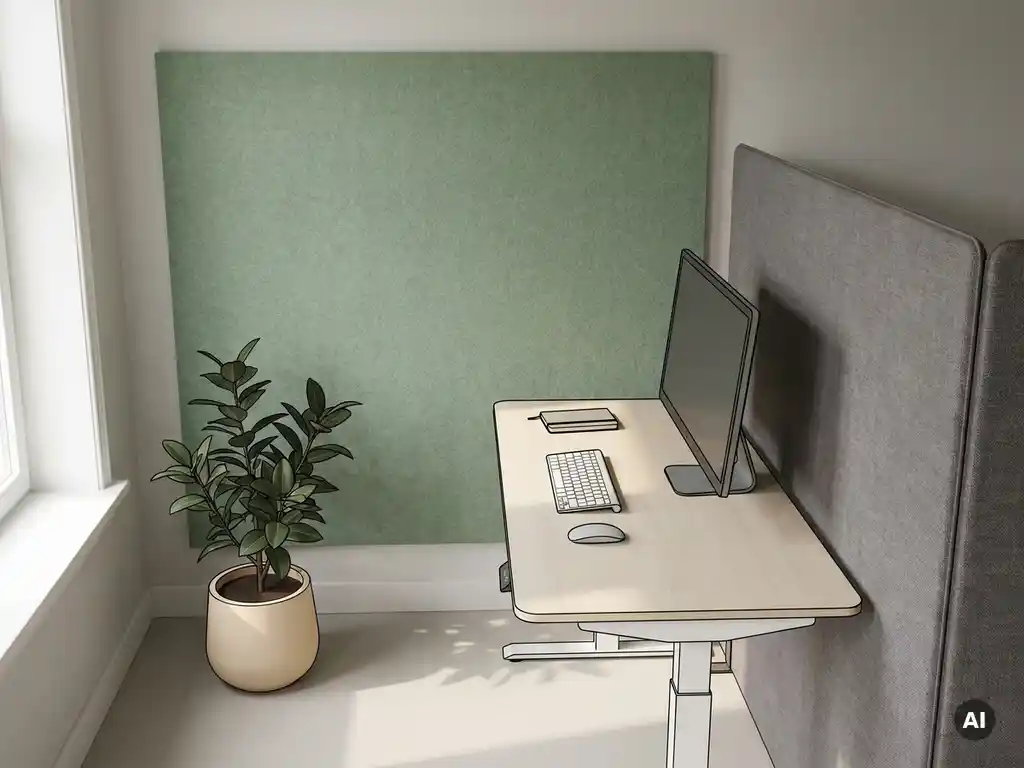 Akoestisch wandpaneel en ergonomisch bureau in rustige Nederlandse kantoorhoek met potplant, saliegroen en warmwit kleurenpalet.