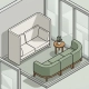 Akoestische kantoornis met salie groen modulaire bank, houten bijzettafel met plant en gefilterd daglicht via matglas.