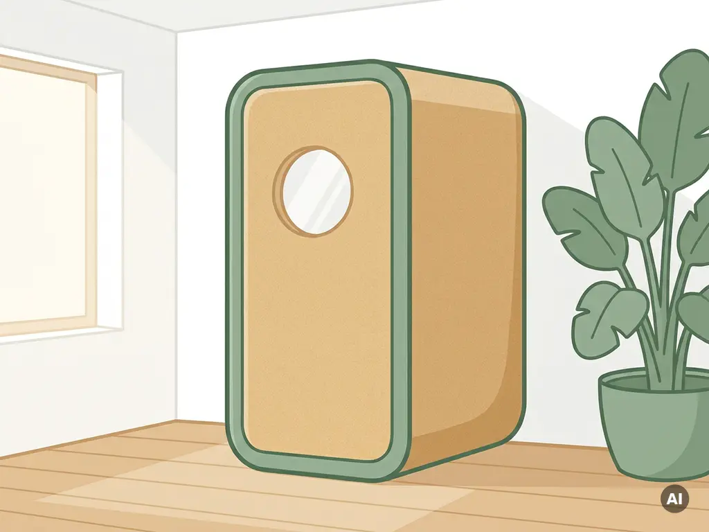 Vrijstaande telefoonpod in warm stof in moderne Nederlandse kantoorhoek met lichthouten vloer, salie groene tinten en kamerplant.