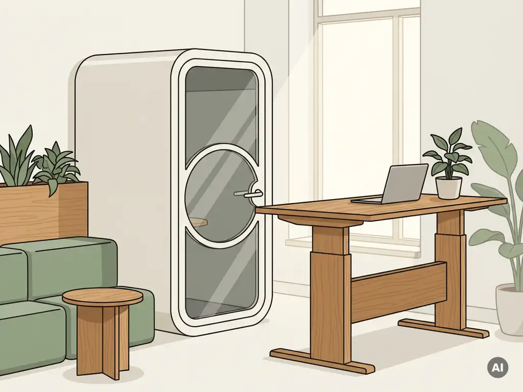 Akoestische telefooncel pod in lichte Nederlandse kantoorhoek met zit-sta bureau, modulaire zitbank in saliegroen en warme eikenhouten accenten.