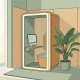 Houten telefooncel als stille werkplek in modern kantoor, met akoestische wanden, ingebouwd bureau en monitor, groene plant ernaast.