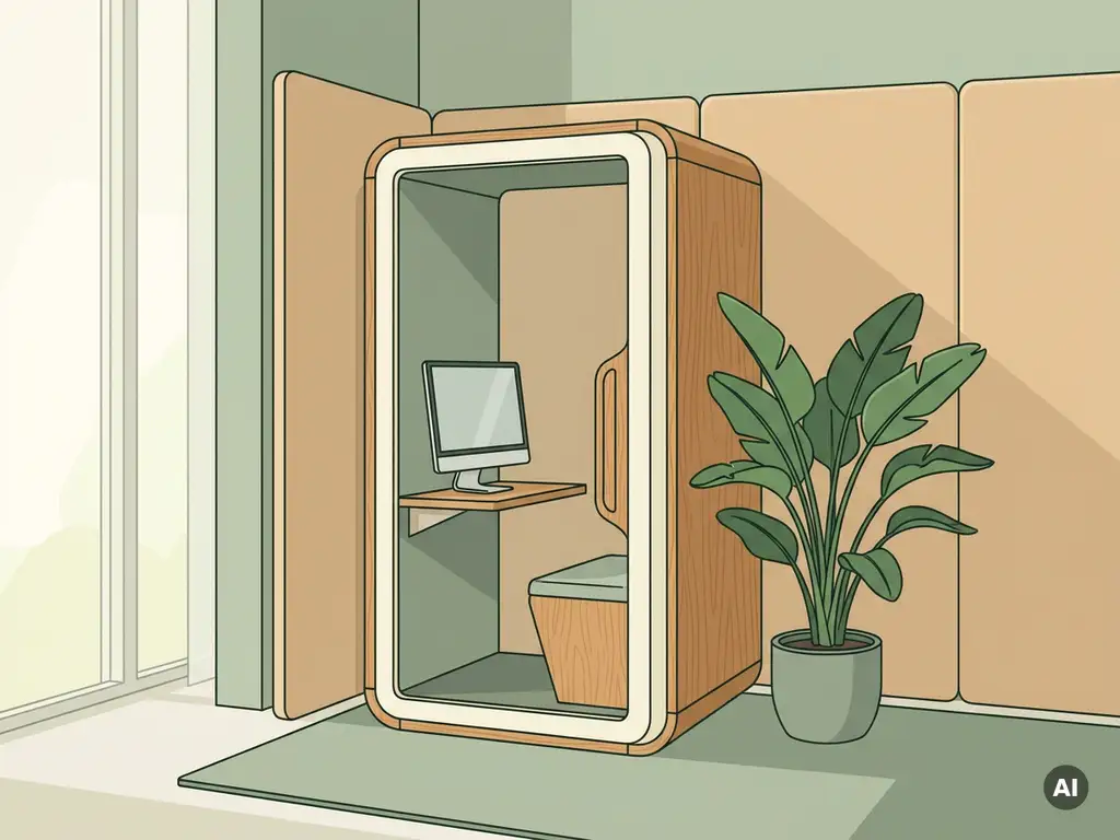 Houten telefooncel als stille werkplek in modern kantoor, met akoestische wanden, ingebouwd bureau en monitor, groene plant ernaast.