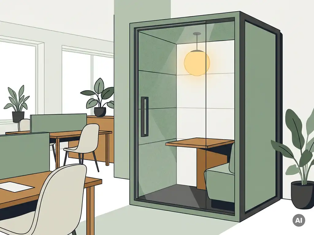 Glazen telefooncabine met akoestische panelen en houten werkblad in een modern Nederlands kantoor met salie groene en warme eiken tinten.