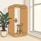Houten telefooncel in een moderne Nederlandse kantoorhoek, omgeven door witte muren en een kamerplant in zacht daglicht.
