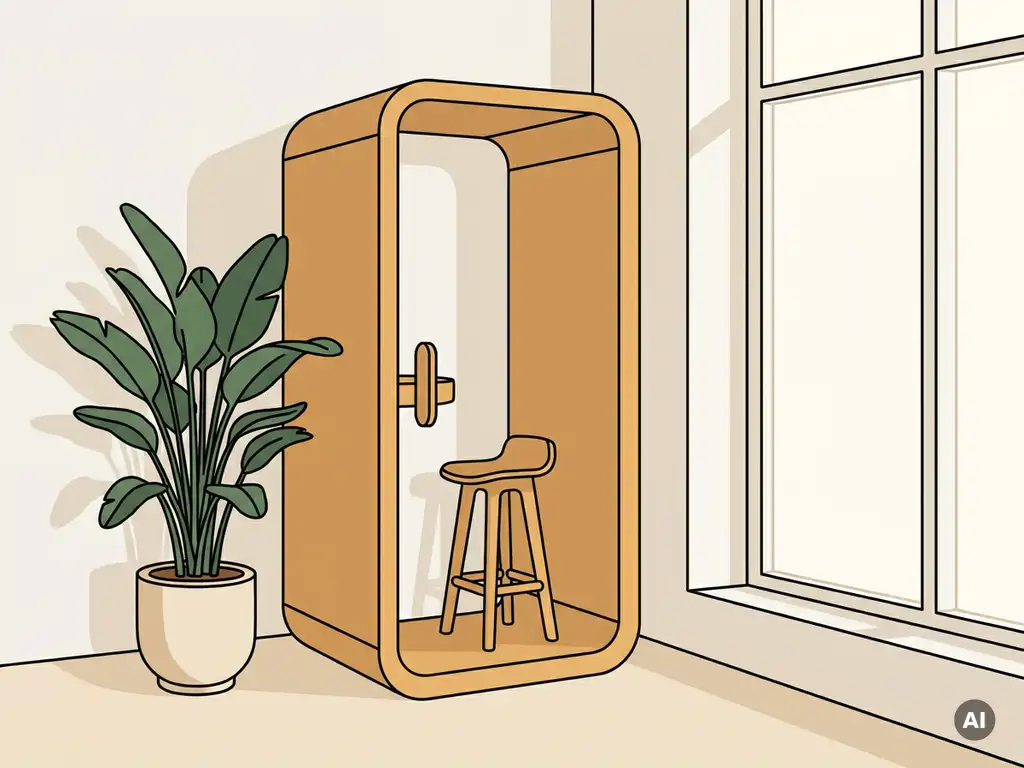 Houten telefooncel in een moderne Nederlandse kantoorhoek, omgeven door witte muren en een kamerplant in zacht daglicht.