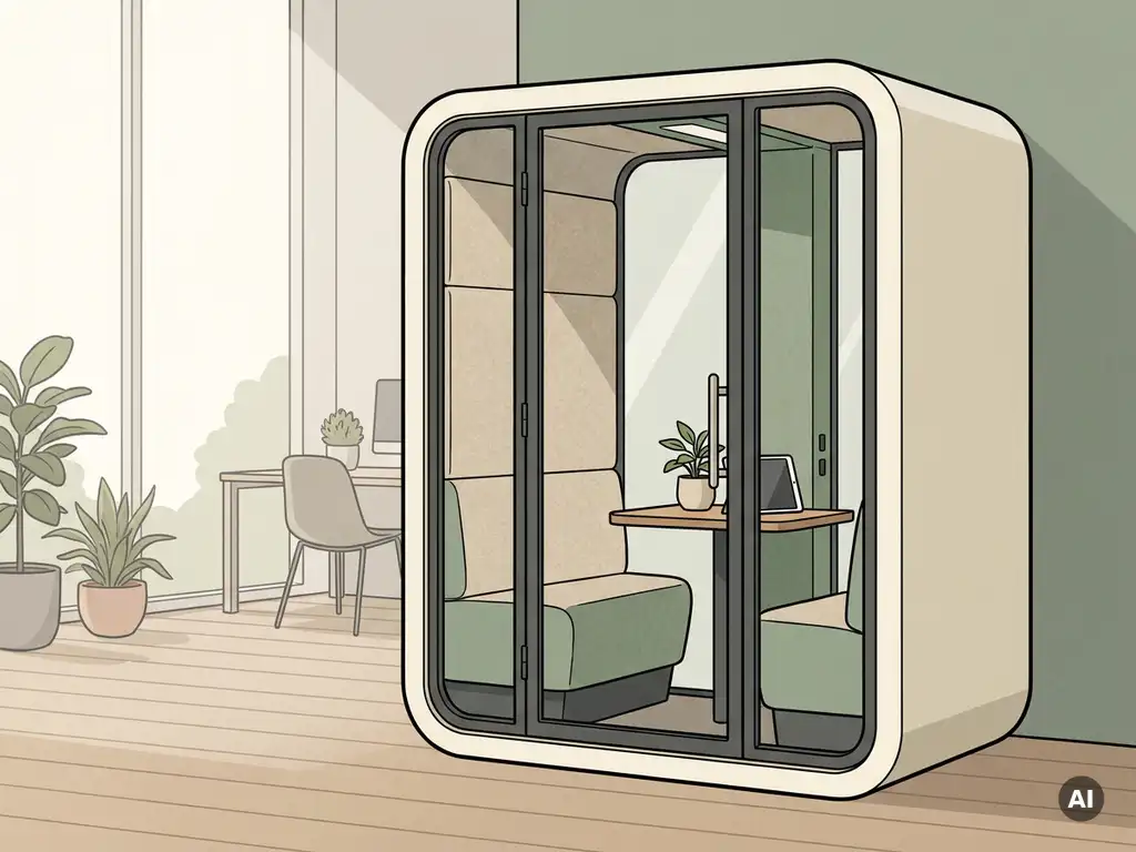 Akoestische telefooncel pod in een modern Nederlands kantoor met vilten wandpanelen, natuurlijk licht en zachte aard- en saliegroen tinten.