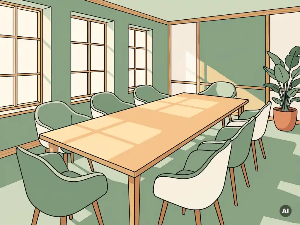 Moderne vergaderruimte met acht ergonomische stoelen rond een rechthoekige tafel, grote ramen en natuurlijk licht in een Nederlandse kantooromgeving.