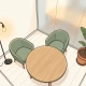 Minimalistische Nederlandse vergaderruimte met ronde eiken tafel, saliegroen gestoffeerde stoelen en een slanke vloerlamp.