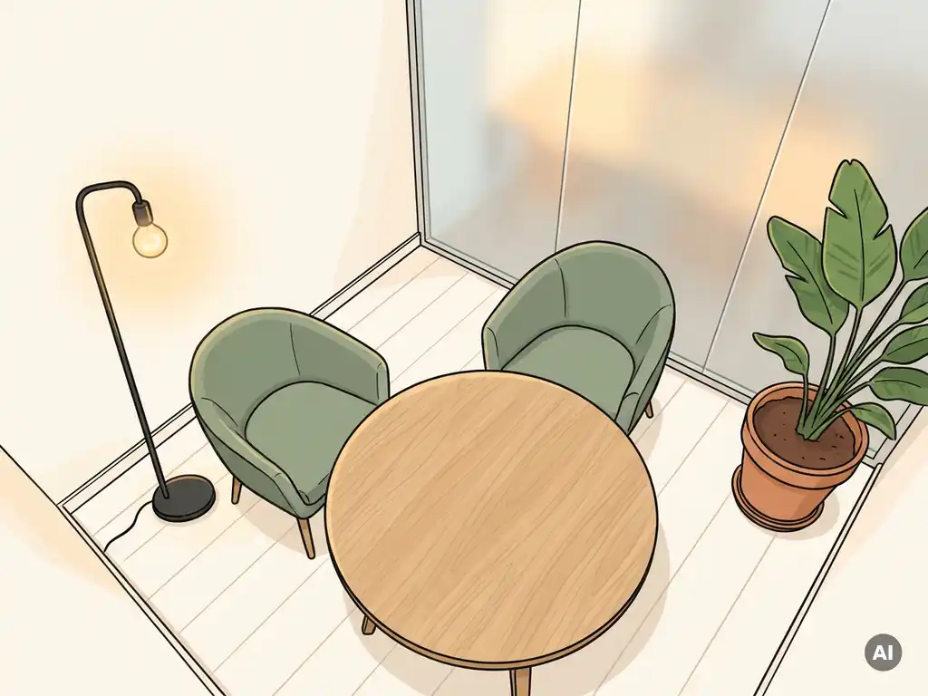 Minimalistische Nederlandse vergaderruimte met ronde eiken tafel, saliegroen gestoffeerde stoelen en een slanke vloerlamp.