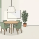 Lichte vergaderruimte met ronde houten tafel, vier minimalistische stoelen, whiteboard en hanglamp in warme Scandinavische stijl.