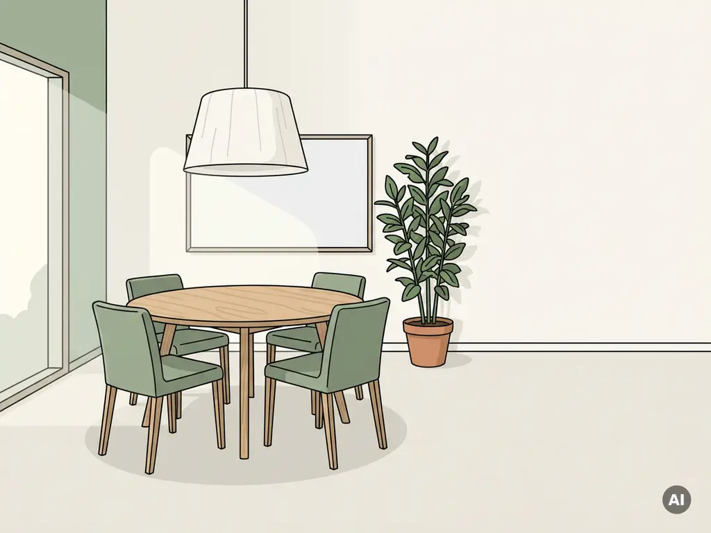 Lichte vergaderruimte met ronde houten tafel, vier minimalistische stoelen, whiteboard en hanglamp in warme Scandinavische stijl.