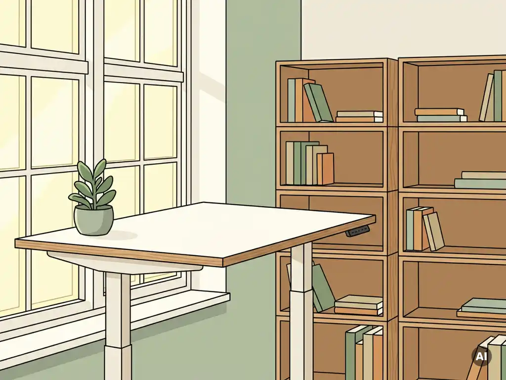 Zit-sta bureau bij een groot raam met natuurlijk daglicht, potplant, modulaire wandkast en warme eiken en saliegroen tinten.