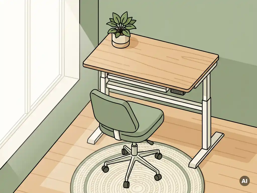 Hoogte-verstelbaar bureau met ergonomische stoel in lichte Nederlandse kantoorhoek, groot raam, potplant en natuurlijk hout.