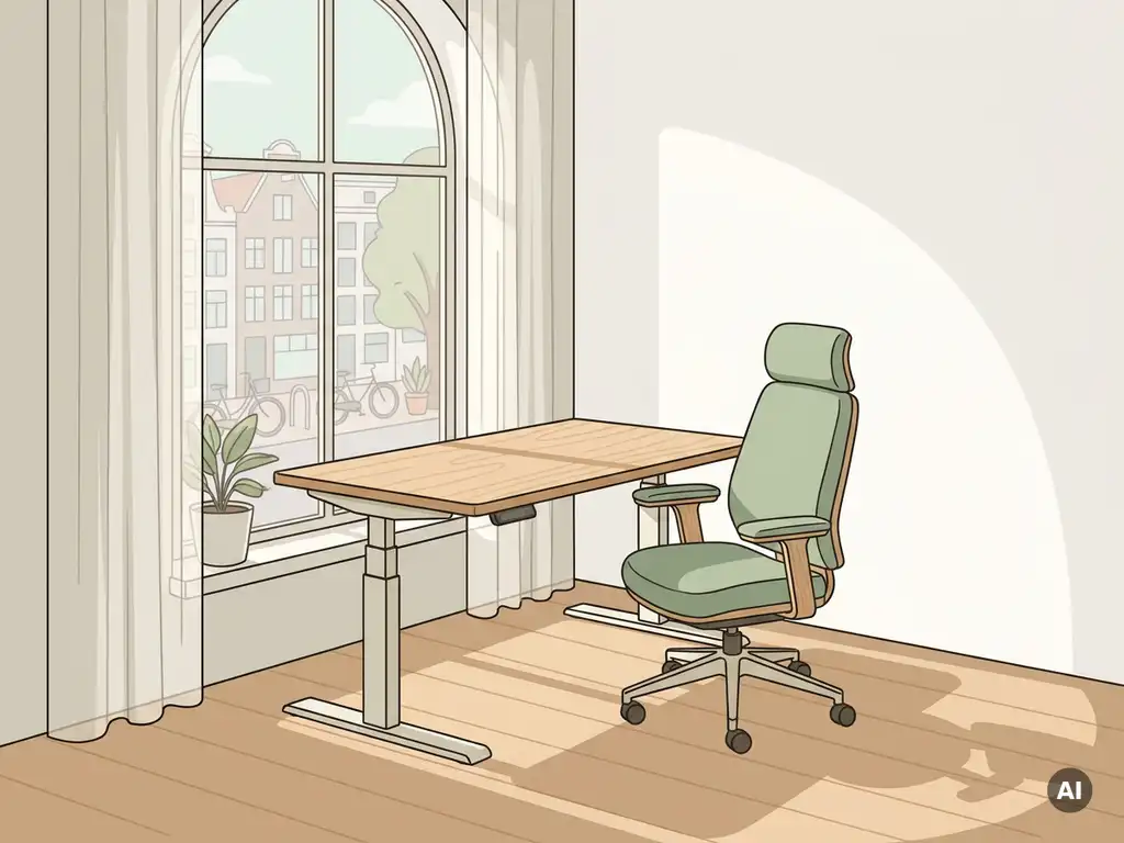 Zit-sta bureau met ergonomische stoel bij raam in Nederlands kantoor, eiken werkblad in natuurlijk daglicht.