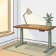 Zit-sta bureau met houten blad, potplant en tafellamp in minimalistisch ingericht Nederlands kantoor met lichte eikenhouten vloer.